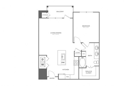 Floor plan for 1 bed, 1 bath, 826 sqft